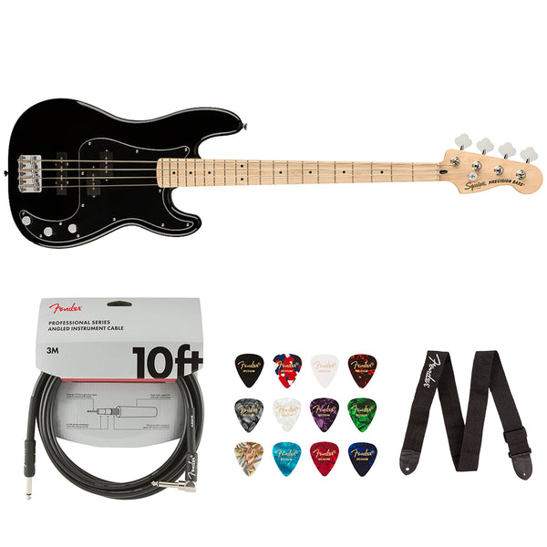 Squier by Fender Affinity Series Precision Bass PJ, Maple fingerboard (Black) Bundle with Fender 10ft Cable (Straight/Straight), Guitar 12-Pack Picks, and 2" Guitar Straps