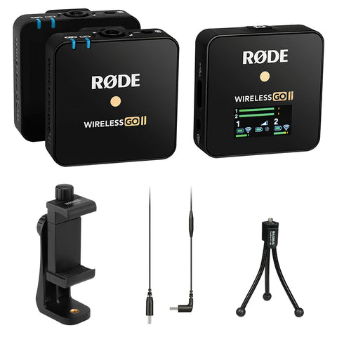 Rode Microphones Wireless GO II Dual Channel Wireless Microphone System Bundle with Rode SC16 Type-C USB Cable, Smartphone Tripod Adapter, and Tabletop Tripod