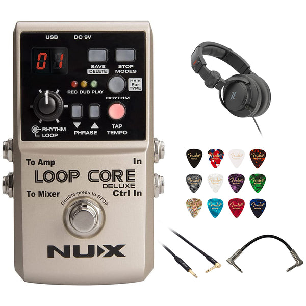 NUX Loop Core Deluxe Guitar Looper Bundle with Polsen HPC-A30-MK2 Studio Monitor Headphones, Kopul 10' Instrument Cable, Patch Cable Right Angle, and Fender 12-Pack Picks