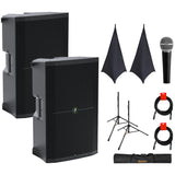 Mackie Thump215 1400W 15" Powered PA Loudspeaker System Bundle with On-Stage SSA100 Speaker Stand Skirt, Auray Adjustable Speaker Stand, Vocal Mic, and 2x XLR-XLR Cable