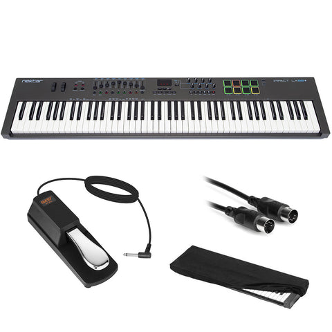 Nektar Technology Impact LX88+ USB MIDI Controller Keyboard Bundle with Piano-Style Sustain Pedal, 10' MIDI Cable, and Large Keyboard Dust Cover