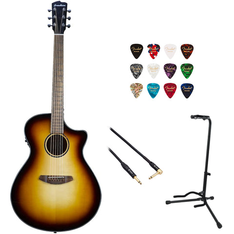 Breedlove ECO Discovery S Concerto CE Acoustic-electric Guitar (Edgeburst) Bundle with Kopul 10' Instrument Cable, Fender 12-Pack Picks, and Gator Guitar Stand