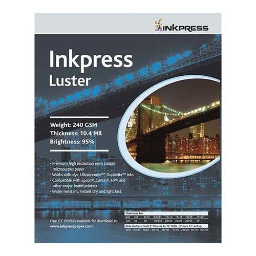 Inkpress Luster Premium Single Sided Bright Resin Coated Photograde Inkjet Paper, 10.4mil., 240gsm., 8.5x11", 250 Sheets