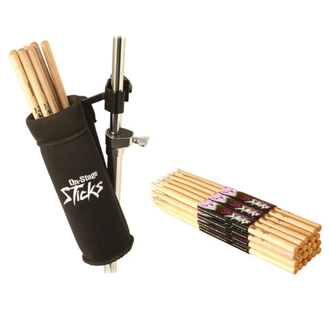 On-Stage DA-100 Clamp-On Drum Stick Holder with Wood Tip Maple Wood 5A Drumsticks (12-Pairs) Bundle