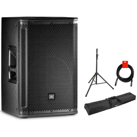 JBL SRX812P 12" Portable Two-Way Bass Reflex Self Powered System Speaker with Auray 51" Speaker Stand Bag, Steel Speaker Stand and XLR-XLR Cable