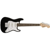 Squier by Fender Mini Stratocaster Electric Guitar, Indian Laurel Fingerboard (Black) Bundle with Fender Mustang Amp, Guitar Strap, Instrument Cable, FT-1 Tuner, 12-Pack Picks, and Headphone