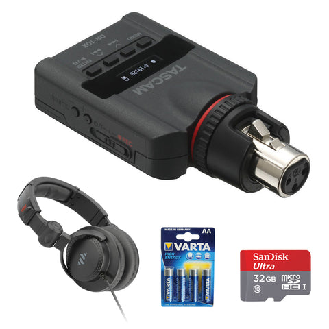 Tascam DR-10X Micro Plug-On Audio Recorder with 32GB Memory Card, Studio Monitor Headphones & (4-Pack) AA LR6 Battery Bundle