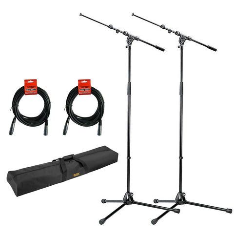 K&M 210/9 Tripod Microphone Stand with Telescoping Boom (2), Mic Stand Bag 51" Interior & (2) 20' XLR Cable Bundle