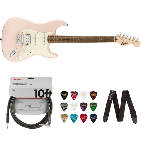 Squier by Fender Bullet StratocasterHard Tail HSS (Laurel Fingerboard, Shell Pink) Bundle with Fender 10ft Cable (Straight/Straight), Fender Guitar 12-Pack Picks, and Fender 2" Guitar Straps