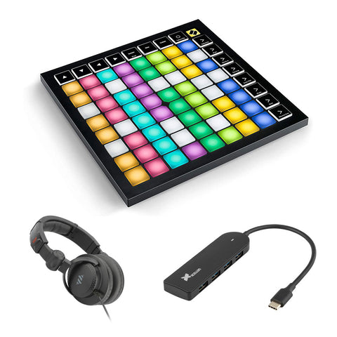 Novation Launchpad X Grid Controller Bundle with 4-Port Slim Hub & Polsen Studio Headphones