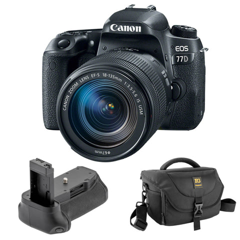 Canon EOS 77D DSLR Camera with 18-135mm USM Lens with Vello BG-C15 Battery Grip and Journey 34 DSLR Shoulder Bag (Black)