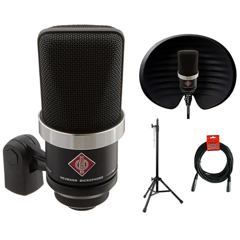 Neumann TLM-102 Studio Condenser Microphone (Black) with Aston Mic Halo Filter, Tripod Mic Stand & XLR Cable Bundle