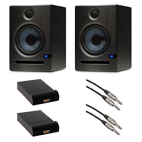 PreSonus Eris E5 Two-Way Active 5.25" Studio Monitor (Pair) with Auray IP-S Isolation Pad (Small) and Balanced 1/4" TRS Male to Male Audio Cable