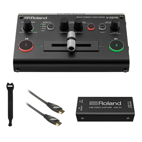 Roland V-02HD STR HD Video Mixer/Switcher Live Streaming Bundle with Encoder UVC-01, 6' HDMI Cable & 10-Pack Straps