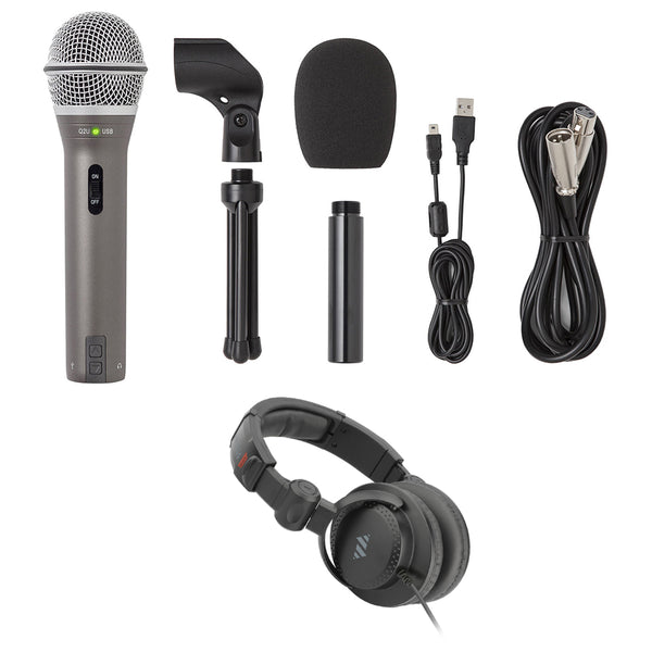 Samson Q2U Recording & Podcasting Pack - Gray Bundle with Studio Monitor Headphones