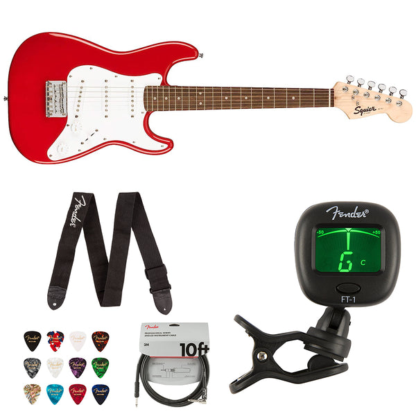 Squier Mini Stratocaster Electric Guitar, Laurel Fingerboard (Dakota Red) Bundle with Fender FT-1 Pro Clip-ON Tuner, 10ft Cable (Straight/Straight), Guitar 12-Pack Picks, and 2" Guitar Straps