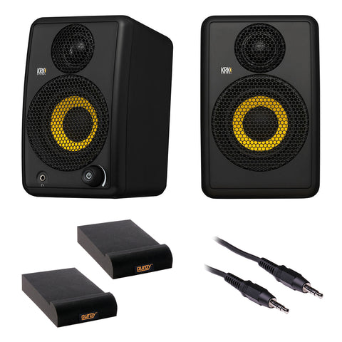 KRK GoAux 3 Portable Near-Field 2-Way Studio Monitor (Pair) Bundle with Auray IP-S Isolation Pad (Pair) and Mini to Mini Stereo Cable