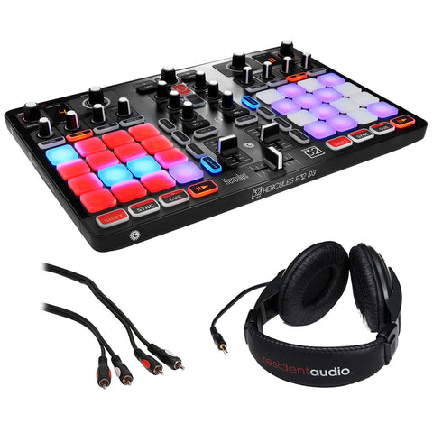 Hercules P32 DJ Controller with High Performance Pads, R100 Stereo Headphones & 2 RCA Male Audio Cable (3') Bundle