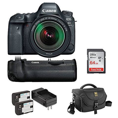 Canon EOS 6D Mark II DSLR Camera with 24-105mm f/3.5-5.6 Lens, Canon BG-E21 Battery Grip, Journey 34 DSLR Shoulder Bag, LP-E6 Lithium-Ion Battery & 64GB Memory Card