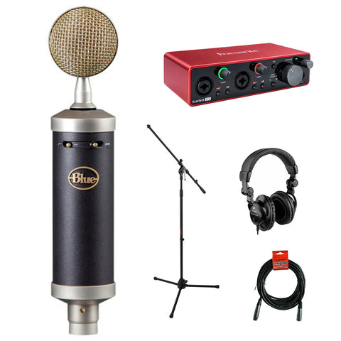 Blue Baby Bottle SL Studio Condenser Microphone Bundle with Focusrite Scarlett 2i2 2x2 USB Audio Interface, Studio Monitor Headphones, Mic Stand and XLR Cable