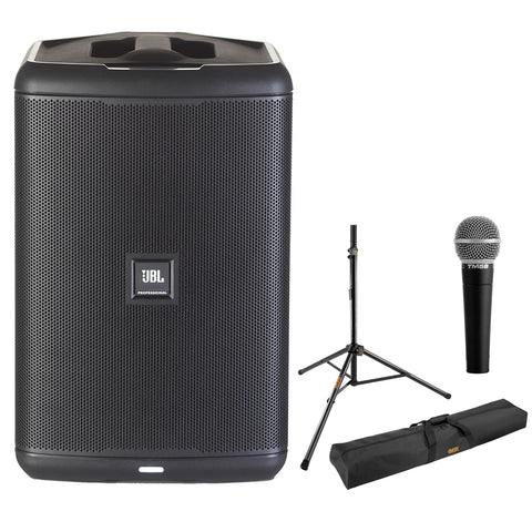 JBL EON ONE Compact All-In-One Rechargeable Personal PA Bundle with Auray Steel Speaker Stand with Tripod Base, 51" Speaker Stand Bag, and TM58 Vocal Microphone