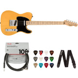 Squier by Fender Affinity Series Telecaster, Maple fingerboard (Butterscotch Blonde) Bundle with Fender 10ft Cable (Straight/Straight), Guitar 12-Pack Picks, and 2" Guitar Straps