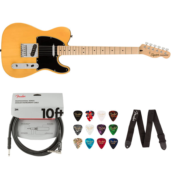 Squier by Fender Affinity Series Telecaster, Maple fingerboard (Butterscotch Blonde) Bundle with Fender 10ft Cable (Straight/Straight), Guitar 12-Pack Picks, and 2" Guitar Straps