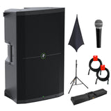 Mackie Thump215 1400W 15" Powered PA Loudspeaker System Bundle with On-Stage SSA100 Speaker Stand Skirt, Auray Adjustable Speaker Stand, Stand Bag, Vocal Mic, and 2x XLR-XLR Cable