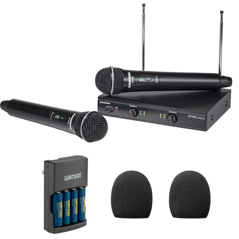 Samson Stage 200 Dual-Channel Handheld VHF Wireless System (Channel A) Bundle with Watson Rapid Charger with 4 AA Batteries and 2x Auray WHF-158 Foam Windscreen