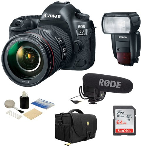 Canon EOS 5D Mark IV DSLR Camera with 24-70mm f/4L Lens + Canon Speedlite 600EX II-RT + Rode VideoMic Pro + 64GB SD Card + Camera Bag and Cleaning Kit