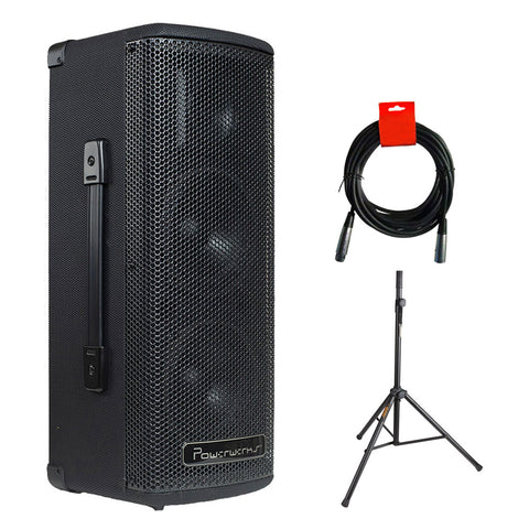 Powerwerks 50 Watt BT Tower 5" Speaker Personal Bluetooth PA Cabinet (PW505BT) with Steel Speaker Stand & XLR-XLR Cable Bundle