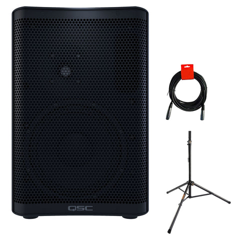 QSC CP8 Two-Way 8" 1000W Compact Powered Loudspeaker with DSP with Auray SS-47S Steel Speaker Stand and XLR-XLR Cable