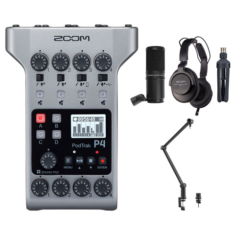 Zoom PodTrak P4 Portable Multitrack Podcast Recorder Bundle with Zoom ZDM-1 Podcast Pack & S3 ZOOM Boom Arm