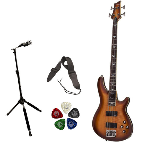 Schecter Electric Bass Guitar Omen Extreme 4-string Vintage Sunburst Bundle with Ultimate Support Pro Guitar Stand, Guitar Strap and Classic Guitar Pick (10-Pack)