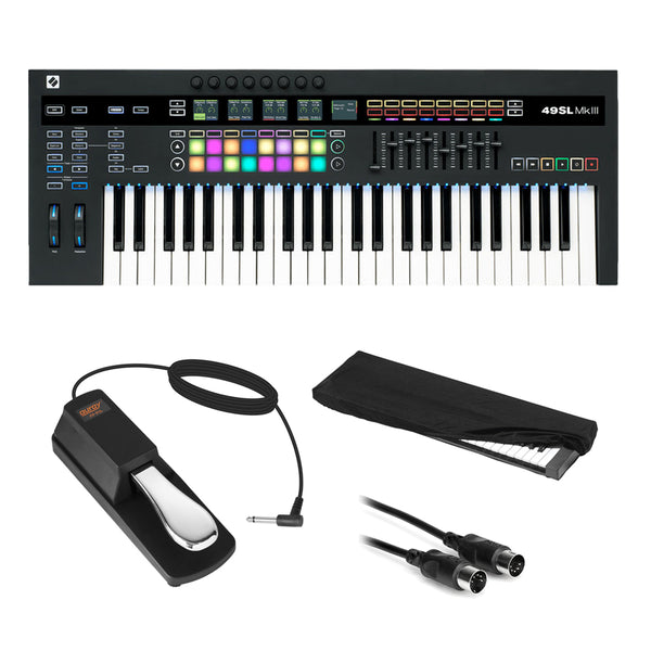 Novation SL MkIII 49-Note MIDI and CV Keyboard Controller/Sequencer with Sustain Pedal (Piano Style), Keyboard Cover & MIDI Cable Bundle