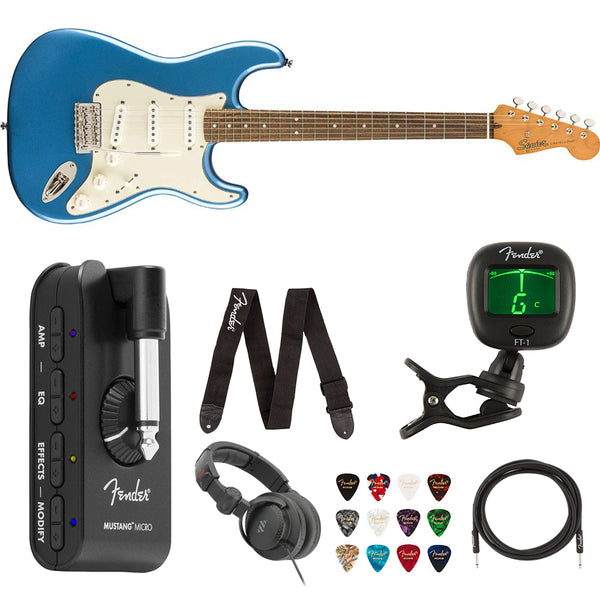 Squier by Fender Classic Vibe 60's Stratocaster- Laurel (Lake Placid Blue) Bundle with Fender Mustang Micro Headphone Amp, Guitar Strap, 10ft Instrument Cable, FT-1 Clip-On Tuner, 12-Pack Picks, and Headphone