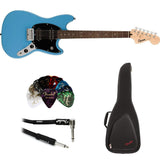 Fender Squire Sonic Mustang Electric Guitar, California Blue, Laurel Fingerboard Bundle with FE620 Electric Guitar Gig Bag, 351 Classic Celluloid Guitar Picks, and Pro Straight/Angle Instrument Cable