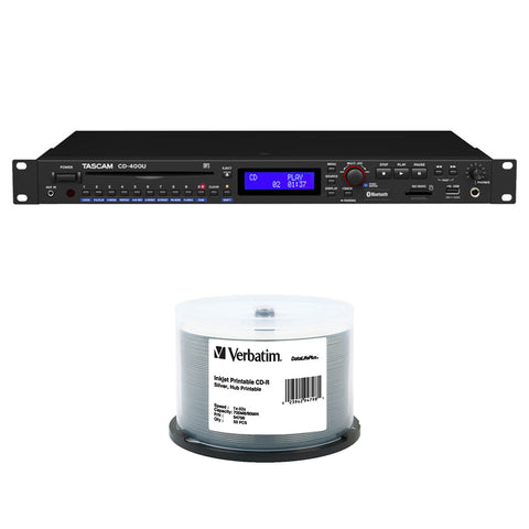 Tascam CD-400U CD/SD/USB Player with Bluetooth and AM/FM Tuner Bundle with 50pck of CD-R 700MB 52x Write Once DataLifePlus Slver