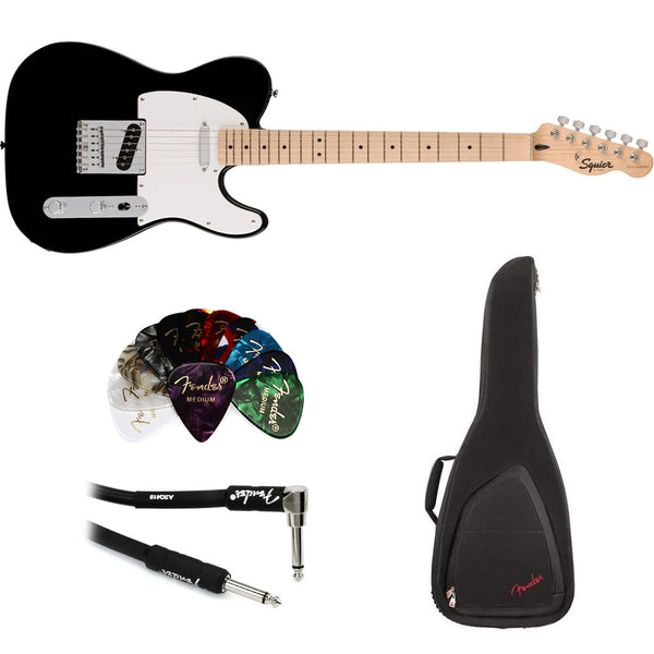 Squire Sonic Telecaster Electric Guitar, Black, Maple Fingerboard Bundle with FE620 Electric Guitar Gig Bag, 351 Classic Celluloid Guitar Picks, and Pro Straight/Angle Instrument Cable