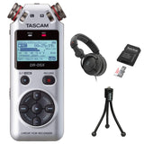 Tascam DR-05X Stereo Handheld Digital Audio Recorder (Silver) Bundle with Studio Monitor Headphones, 16GB Memory Card & Tripod