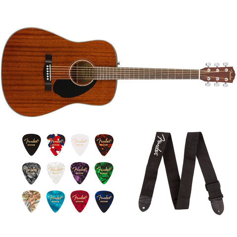 Fender CD-60S Dreadnought Acoustic Guitar (Walnut Fingerboard, All-Mahogany) Bundle with Fender Classic Celluloid Guitar Medium 12-Pack Picks 351 Shape and Fender 2" Guitar Straps