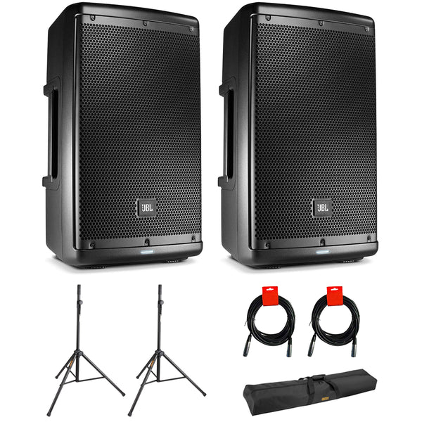 JBL EON610 Two-Way 10" 1000W Powered Portable PA Speaker (Bluetooth) Bundle with 2x Speaker Stand, 2x XLR Cable & Stand Bag