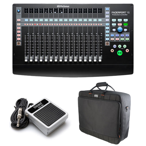 PreSonus Faderport 16 Mix Production Controller Bundle with Hosa Technology FSC-502 Pedal and Gator G-MIXERBAG-2118 Nylon Mixer Bag