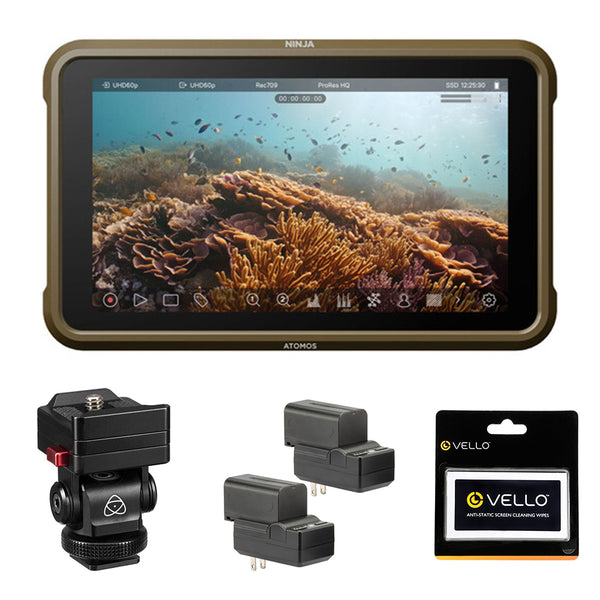 Atomos Ninja 5.2" 4K HDMI Recording Monitor Bundle with Atomos AtomX 5 and 7" Monitor Mount, Genaray 2x NP-F770 4400mAh Batteries and 2x Compact Chargers Kit and Anti-Static Screen Cleaning Wipes