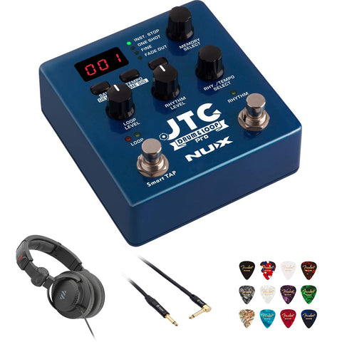 NUX JTC PRO Drum Loop PRO Dual Switch Looper Pedal Bundle with Polsen HPC-A30-MK2 Studio Monitor Headphones, Kopul 10' Instrument Cable, and Fender 12-Pack Picks