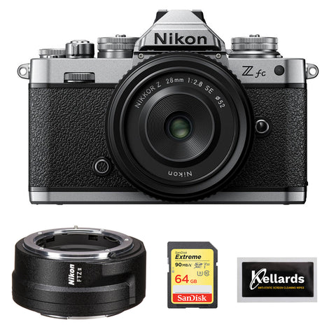 Nikon ZFC Mirrorless Camera with 28mm Lens (1673) Bundle with Nikon FTZ II Mount Adapter, 64GB Extreme Memory Card, and 5-Pack Wipes