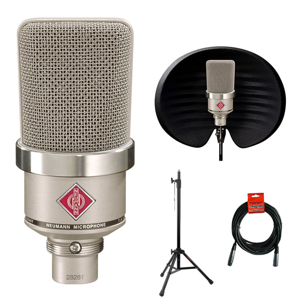 Neumann TLM-102 Studio Condenser Microphone (Nickel) with Aston Halo Filter, Tripod Mic Stand & XLR Cable Bundle