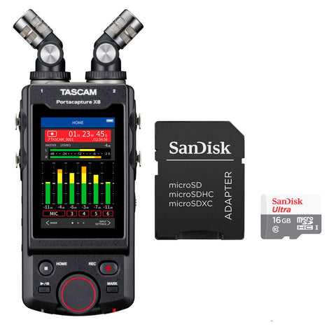 Tascam Portacapture X8 6-Input Handheld Multitrack Recorder Bundle with 16GB Ultra UHS-I MicroSD Memory Card with SD Adapter