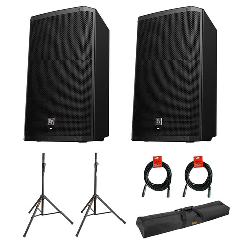 Electro-Voice ZLX-15BT 15" 2-Way 1000W Bluetooth Powered Loudspeaker (Pair) with 2x Steel Speaker Stand, Stand Bag 51" & 2x XLR Cable Bundle