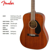 Fender CD-60S Dreadnought Acoustic Guitar (Walnut Fingerboard, All-Mahogany) Bundle with Fender Classic Celluloid Guitar Medium 12-Pack Picks 351 Shape and Fender 2" Guitar Straps